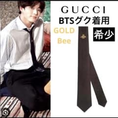 希少】GUCCI BTSグク着用 GOLD蜂刺繍 ブラックスリムシルクネクタイ 