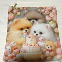フラットポーチ ポメラニアン柄 ケーキ 両面パネル ❤️ハンドメイド