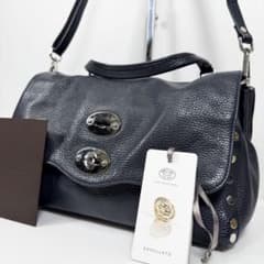 美品】ザネラート ポスティーナ 2way ショルダーバッグ 本革 ネイビー 
