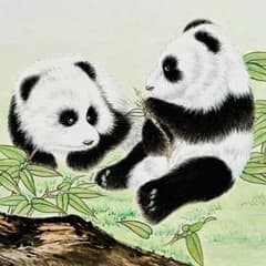 ♡*♡様 絵画原画　（幸せをつかむ手）パンダの肉球と妖精　キラキラストーン 肉筆水墨画 花鳥画 細筆画「パンダの絵」美術品 インテリア 手描き