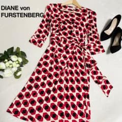 【シルク100%】DVF カシュクールワンピース レッド 総柄 サイズ4のサムネイル