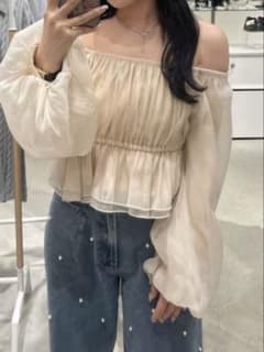 【Heather】シアーオフショルデザインブラウス 2WAYブラウス　ピンクのサムネイル