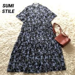 スミスタイル【F】イアパピヨネ　バンドカラーロングティアードワンピース　花柄　紺