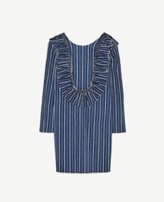 ZARA ストライプ ドレス 長袖 フリル ネイビー ブルー ワンピースのサムネイル