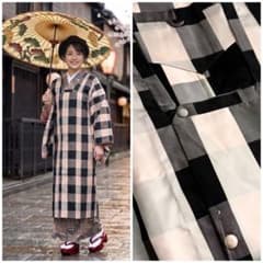 正絹 雨コート 着物コート モダンなチェック柄 衿切り替えデザイン 