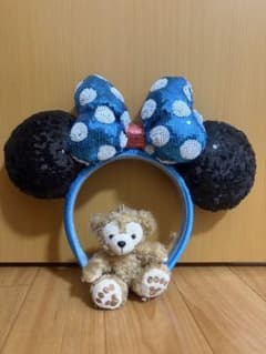 ミニーマウス風スパンコールカチューシャ・ダッフィーキーホルダーのセット