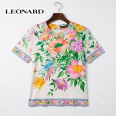美品 レオナール 高級カットソー M 綿100% 花柄 ピンク 半袖 ジップのサムネイル