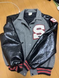 スタジャン グレー ブラック 袖レザー ワッペン　80sのサムネイル