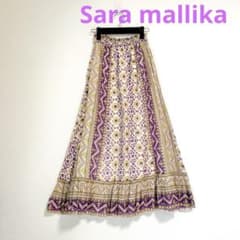 美品 Sara mallika インド綿 ラメ ティアードロングスカート サラマリカ 総柄 綿100% ティアードスカート ウエストゴム 紫 黄