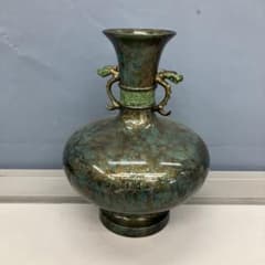 4F 青銅 花瓶 双龍耳 壺 刻印あり 金属工芸 花器 コレクション 置物