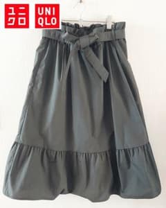 UNIQLO リボン付き フリルスカート ロング ギャザー カーキ ユニクロ