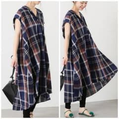 美品★即完売色★ポプリンノーカラーチェックマキシワンピ★のサムネイル