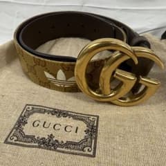 【美品】グッチ アディダス GGマーモント レザー ベルト ゴールド金具 美品】グッチ アディダス GGマーモント レザー ベルト ゴールド金具