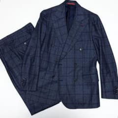 ISAIA イザイア　チェック柄　ダブルスーツ　サキソニー　46 ストラスブルゴ ISAIA イザイア チェック柄 ダブルスーツ サキソニー 46
