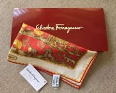 未使用 Ferragamo フェラガモ シルク ミニスカーフ オレンジレッド