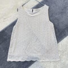 any sis Lace Blouse, Sleeveless, White, Size M, Scalloped Edge, Elegant