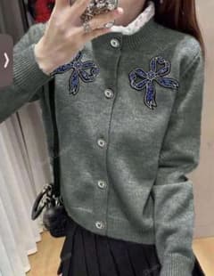 秋冬フレンチカジュアルスタイル 刺繍入りリボンニットセーター sheinのサムネイル