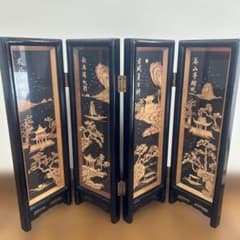 【極美品】コルク工芸 四曲屏風 衝立 龍彫刻 松 帆船 楼閣 中国美術 縁起物 極美品】コルク工芸 四曲屏風 衝立 龍彫刻 松 帆船 楼閣 中国美術