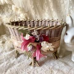 布花付きピンクドールパニエ フランスアンティーク かごカゴ籠