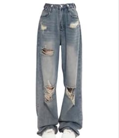 damage denim pantsダメージデニムサイドボタンバギーデニムのサムネイル