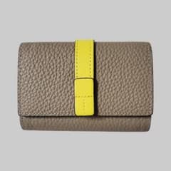 【新品】バイカラー 三つ折りミニ財布 じゃばら式カード入れ グレージュ×イエローのサムネイル