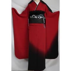 美品】振袖7点セット157.5cm帯締めフルセット赤黒グラデ成人式正絹CF06