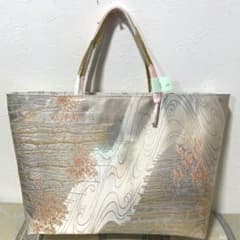 2752特大：銀に桃水色ぼかしに木林文様 帯 バッグ リメイク