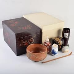 茶道具 柿合溜 四季七宝蒔絵 利休茶箱 赤楽茶碗 棗など 七点一式 