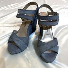 キンザカネマツ　ヒールスタッズ　ストラップサンダル　キャンバス地