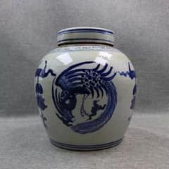 青花鳳紋陶磁蓋壺 景徳鎮 陶磁器 装飾品 現代工芸品 美術品 置物