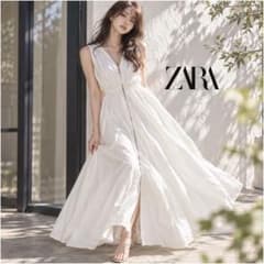 ZARA フロントジップ ノースリーブ ロングワンピース ホワイト