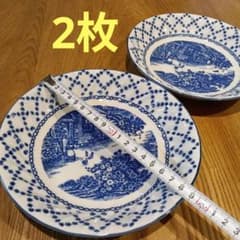 블루 화이트 깊은 큰 접시 2장 쇼와 레트로 골동품 블루 화이트 풍경