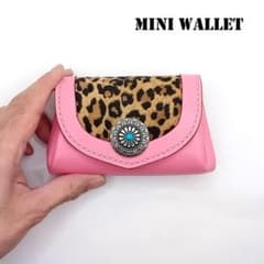 Genuine leather mini wallet, leopard print, pink, cute, small women's wallet