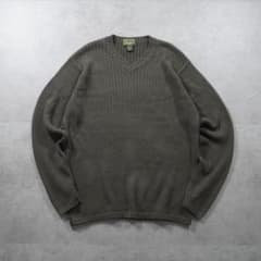 Eddie Bauer Vネック コットンリブニット オリーブカーキ 古着