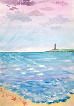 水彩画 海辺の風景 灯台 砂浜 ヒトデ A4サイズ 手描き 原画 - メルカリ