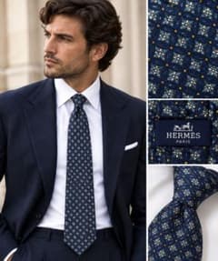 美品 HERMES ネクタイ 花柄 ボタニカル ネイビーのサムネイル