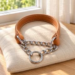 本革 × ハーフチョークチェーン首輪 50cm Made in Italyのサムネイル