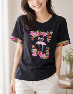 LEONARD ピンクフラミンゴ柄 半袖Tシャツ　ブラックのサムネイル