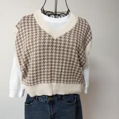美品　秋服レディース キッズニットベスト 千鳥格子柄 Vネック ブラウンのサムネイル