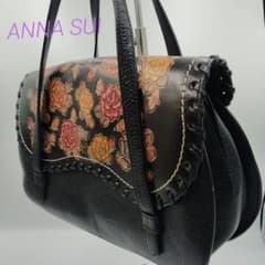 ANNA SUI ハンドバッグ 型押し カービング バラ ブラック アナスイ 