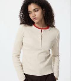 UNIQLO リブヘンリーネック長袖カットソー　ナチュラル　Ｌのサムネイル
