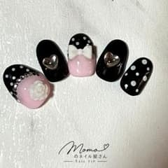黒×ピンク♡リボン＆ハート ガーリーネイルチップのサムネイル