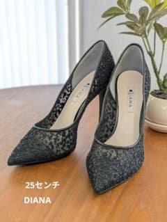 DIANA 25cm レースグリッターパンプス黒ポインテッドトゥ9cmヒール美品