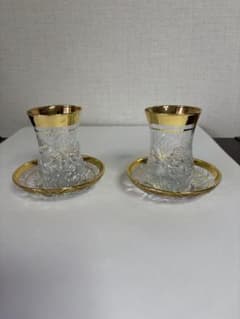 トルコ製24金メッキ縁取り 手作り カットグラスとソーサー6客 - メルカリ