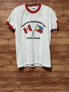 【90s】リンガーTシャツ トリムT カナダ フィリピン 国旗プリント 赤白 Sのサムネイル