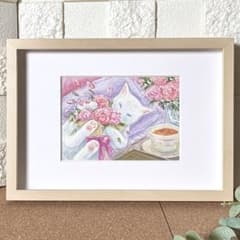 29. 白猫と花束〜幸せいっぱいの蹴り蹴り〜【額装原画】オイルパステル画 29. 白猫と花束〜幸せいっぱいの蹴り蹴り〜【額装原画】オイルパステル