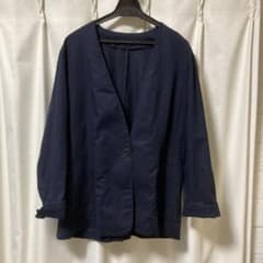 ネイビー ノーカラージャケット　紺ブレ　麻リネン