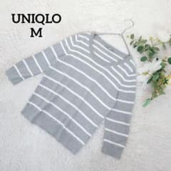 Uniqlo 7/8 Sleeve Knit (M) Gray and White Stripe Boat Neck Casual