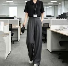 【新品】レディース ハイウエストワイドパンツ カジュアルパンツ スラックスのサムネイル