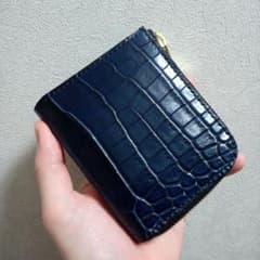クロコダイル ポロサス 藍染 L字ファスナー ハンドメイド 手縫い ミニ